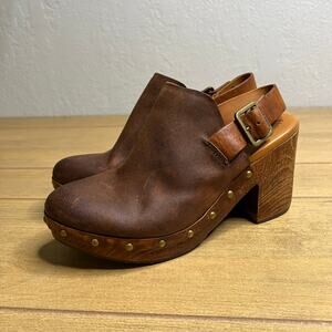 Kork-Ease Leather Platform Clog Heels Womens 9M Brown Slingback Wood Studded